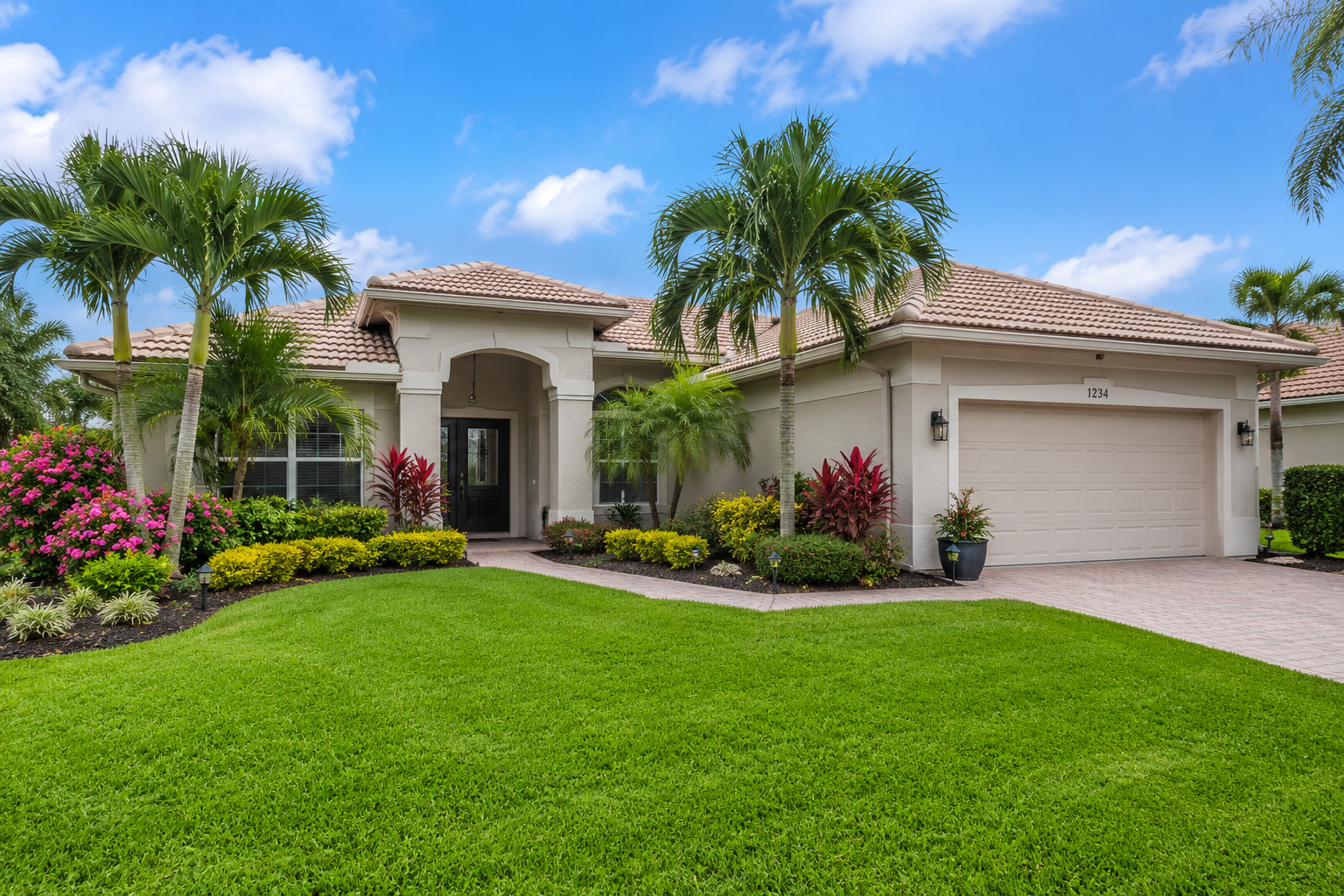 Beautiful SWFL home with lush lawn, palms and flowering shrubs